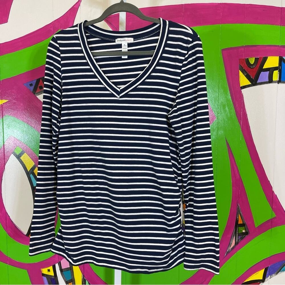 Ambiance Maternity, Blue Striped V-Neck Long Sleeve Shirt. Size XL